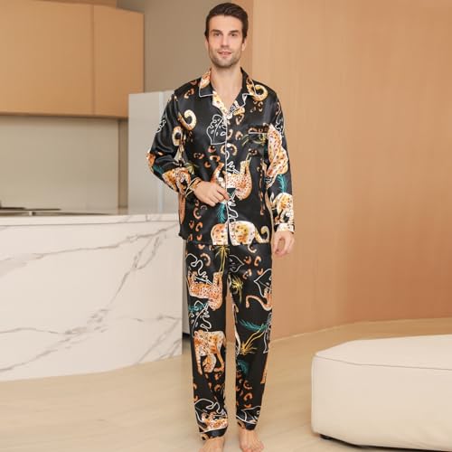 Mens Satin Pajama Sets color Pattern Long Sleeve Top and Long pants Silky Button Sleepwear3
