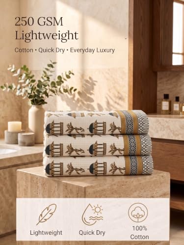Image of Mafatlal Madhuban 250 GSM Waffle Cotton Bath Towels Pack of 3 | 147 x 76 cm | Fast Dry, Lightweight | Floral Design | Navy Blue
