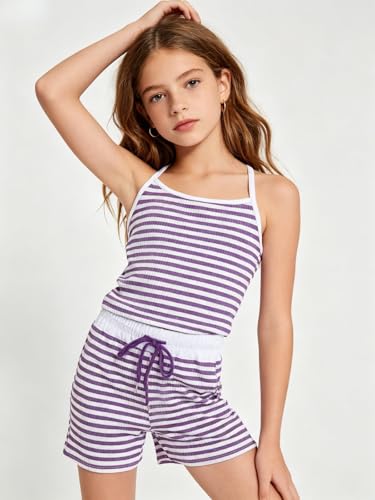 Image of Size 7-14Y Girls Clothes 2 Piece Outfits Striped Tank Top Drawstring Shorts Teen Girls Summer Clothing Sets