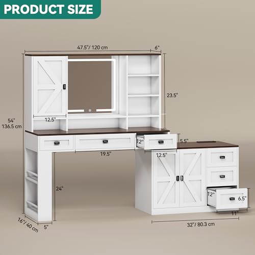 DWVO L Makeup Vanity Desk with Mirror and Lights, Farmhouse Big Lighted Vanity Table Set with 6 Drawers and Cabinet Shelves, 360° Rotation Large Dressing Table for Bedroom, White