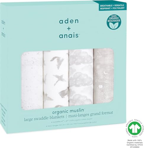 Image of aden + anais Boutique Organic Swaddle Blanket 4-Pack - 100% Organic Cotton Muslin, Large, Soft, Breathable Receiving Blankets for Infants - Lightweight Multi-Use Baby Swaddles, Map The Stars