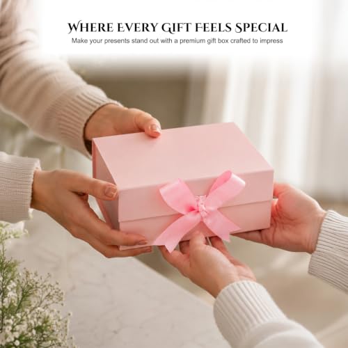 Image of Kura by Ekhasa Foldable Large Multipurpose Gift Hamper Box (21.5 x 21 x 9.5 cm) with Magnetic Closure & Ribbon | Pink Rigid Cardboard Empty Reusable Packing Box | Birthday, Wedding & Festive Gifting