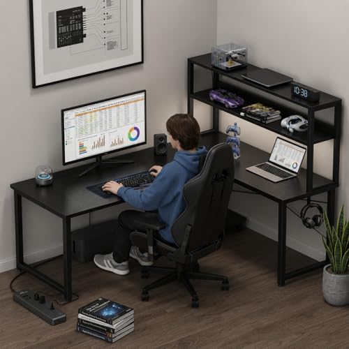 Image of Reversible L Shaped Computer Desk with Storage Shelves | Wooden Corner Study Table with Black Metal Frame | Home Office Workstation Desk | Table for Computer Setup| Black |130x50x150 cm