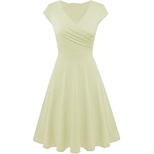 Women Short Retro Vintage Cocktail Dress Wrap V Neck Short Sleeve A Line Work Formal Wedding Guest Midi Dress