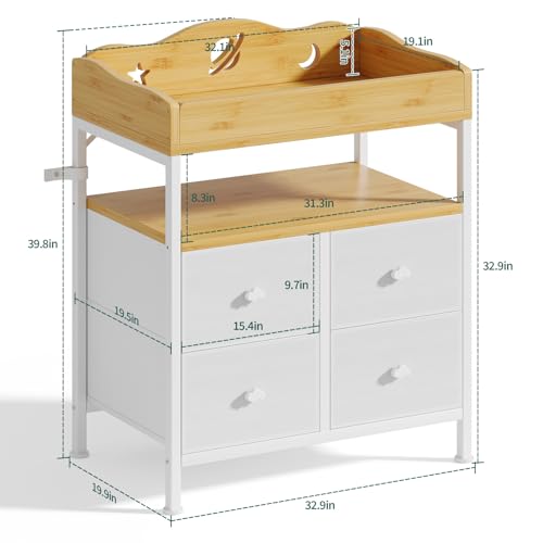Image of POKIPO Bamboo Changing Table Dresser with Sturdy Metal Frame, 4 Fabric Drawers, 3-in-1 Baby Dresser with Changing Table Top, Diaper Changing Station and Storage Organizer for Modern Nursery