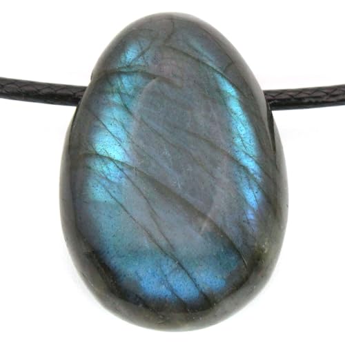 Véritable pendentif en labradorite en forme de goutte avec ruban en coton ciré - Pierre de tambour percée - Fermeture rotative en acier inoxydable