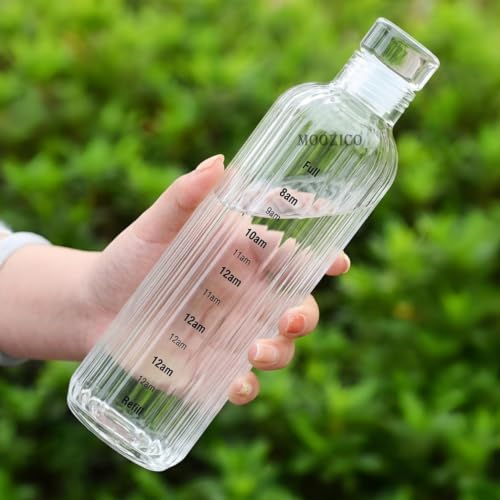 Image of Glass Water Bottle for Adults, Student Direct Drinking Freezer Safe, Leak Proof, Gym Travel On-The-Go Hotel-Style Design Borosilicate Glass Water Bottle With Time Marker (White Lining)