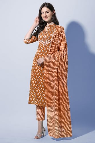 Image of MIRCHI FASHION Pure Cotton Women Straight Printed Embroidery Work Kurti Set with Dupatta and Pant