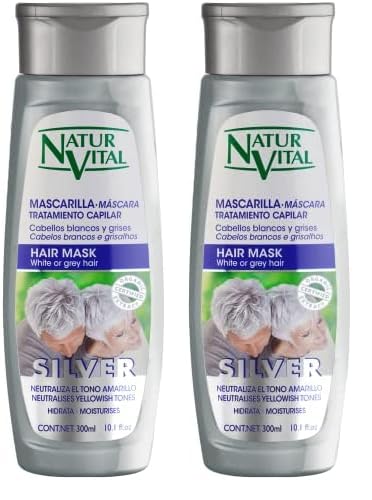 NaturVital - Mascarilla Silver Cabellos Blancos y Grises, Mascarilla Matizadora sin Sulfatos ni Parabenos, Neutraliza Tonos Amarillos y Rubios, Matizador de Pelo Gris Plata, con Pigmento Azul, 300 ml