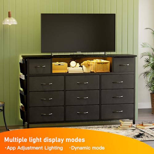 YGEOMER Black Dresser for Bedroom with Power Outlets and LED Lights 11 Drawers with Side Pocket, Fabric Drawers with PU Finish, Frame & Wood Top for 60inch TV Long Dresser Storage Organizer