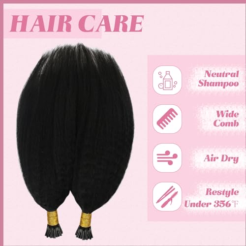 Image of YoungSee I Tip Hair Extensions Human Hair Kinky 22In Itip Human Hair Extensions Black Kinky Straight 50g Itips Hair Extension 50s Cold Fusion Hair Extension Curly for Long Hair