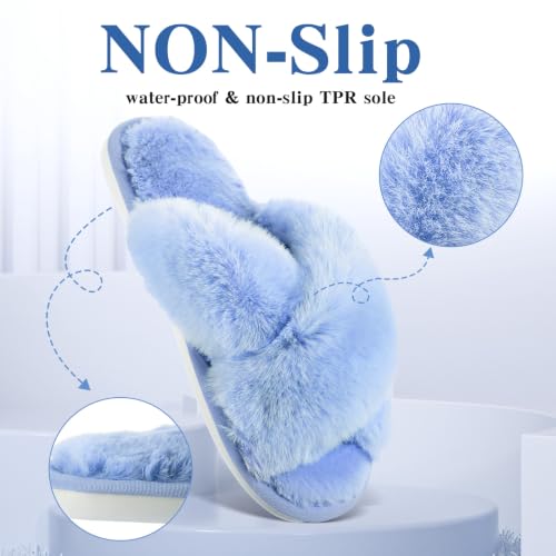 Image of 12 Pairs Women's Fuzzy Slippers Cross Band Open Toe Bridesmaid Fluffy Comfy House Slippers for Indoor Outdoor Wedding