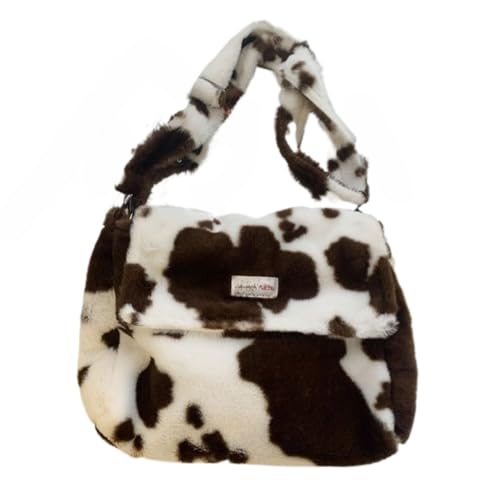 Cute Cow Pattern Fuzzy Messenger Bag for Women Fluffy Tote Bag Plush Crossbody Bag (Brown)