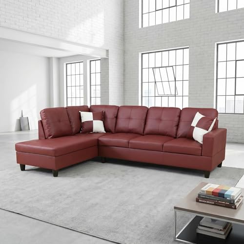 Image of L-Shaped Sectional Sofa, Modern 4-Seat Couch with Left Facing Chaise, Leather Sectional Couch for Living Room, Apartment, Office, Dark Red