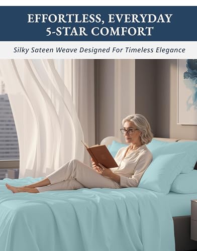 Image of LANE LINEN King Top Sheets Only 100% Egyptian Cotton Sateen - Blue Sky | King Size Bed Sheets Deep Pockets - 4-Piece Set, For A Luxurious Night's Sleep, For Guests And Everyday Use, Plush