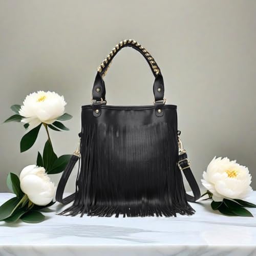 Image of IAMUHI Casual Rivets Fringed Shoulder Handbag for Women,Soft Vegan Leather Hippie Crossbody Purse Bag Hobo Bag