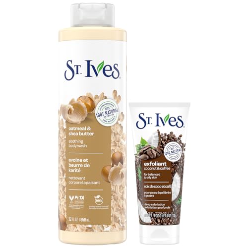 St. Ives Shower Essentials Set – Energizing Coconut & Coffee Face Scrub, Exfoliant for Balanced to Oily Skin + Oatmeal & Shea Butter Soothing Body Wash