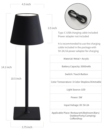 KDG 2 Pack Cordless Table Lamp,Portable LED Desk Lamp, 5000mAh Battery Operated, 3 Color Stepless Dimming Up, for Restaurant/Bedroom/Bars/Outdoor Party/Camping/Coffee Shop Night Light(Black) - Image 6