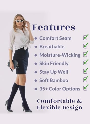 Image of Hugh Ugoli Women's Rayon Derived from Bamboo Knee High Socks Comfort Seam Long Dress Socks, Shoe Size 5-8 /8-11, 4 Pairs