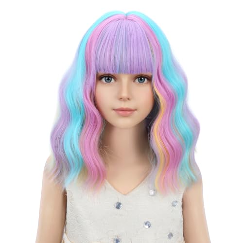 Image of PATTNIUM Multicolor Wig for Kids Rainbow Child Wig with Bangs Wavy Colorful Wigs for Girls Shoulder Length Heat Resistant Synthetic Wigs