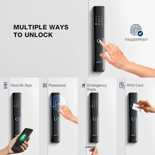 Image of Ozone Smart Wi-Fi Lock for Wooden & Metal Doors, 4-Way Access, OzoLife App, Fingerprint, Password, RFID Card, 35-80 mm Door Thickness, Free Installation, 2 Years Warranty (Black)