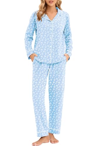 Image of LUBOT 100% Cotton Pajamas for Women Pajama Set 2 Piece PJ Sleepwear Set Soft Ladies Button Knit Long Sleeve Loungewear XS-XXL
