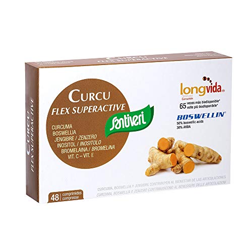 Curcu Flex Superactive de Santiveri (48 comprimidos): Complemento alimentar de açafrão otimizada (Longvida®), extrato de gengibre, extrato de boswellia, inositol, bromelania e vitaminas C e E