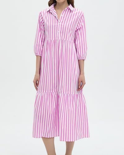 Image of EZAPINE Womens Babydoll Striped Shirt Midi Dress Puff Long Sleeve Collared Button Tunic Flowy Swing Dresses