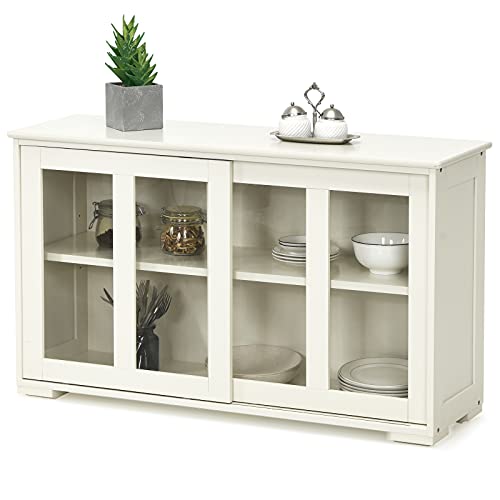 GIANTEX Aparador Bajo con Puertas Orrederas de Vidrio, Armario de Almacenaje con Mamparas Ajustables en Altura, para Cocina, Salón y Pasillo, 107 x 33 x 64 cm (Crema)