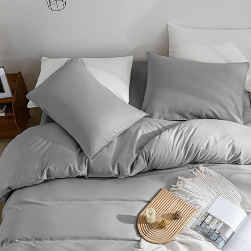 Image of JELLYMONI Cotton Duvet Cover Twin Size - 100% Washed Cotton Linen Like Textured Comforter Cover, 2 Pieces Breathable Soft Bedding Set with Zipper Closure (Light Gray, Twin 68 inchx90 inch)