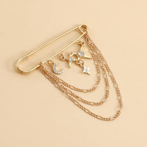 Image of Punk Gold Silver Star Moon Tassel Chain Brooch Sweater Shawl Clips Collar Pin for Women Safety Chain Tassel Broochs