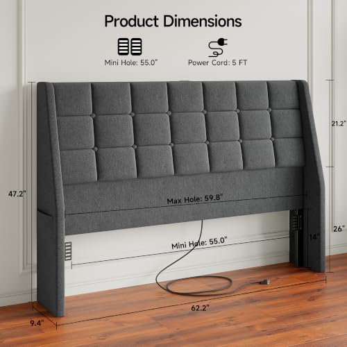 Image of Queen Size Headboard with Charging Station, Wingback Ergonomic Headboards | Wingback Upholstered Bed Head Board with Storage Pocket, Sturdy Stable Solid Wood Headboard, Bed Frame Adapters, Dark Grey