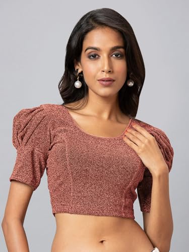Image of Amazon Brand - Anarva Women's Readymade Shining Lycra Stretchable Round Neck Half Sleeve Blouses