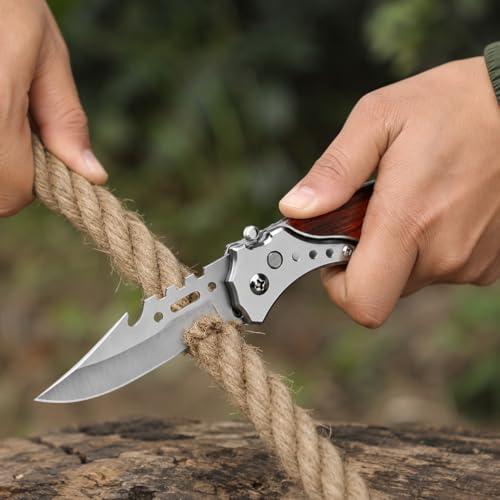 Image of Kitchen Utility Folding Knife with Stainless Steel Blade and Wooden Handle - Portable Fruit and Vegetable Cutter with Multi Purpose Pocket Design for Outdoor, Camping and Kitchen Use