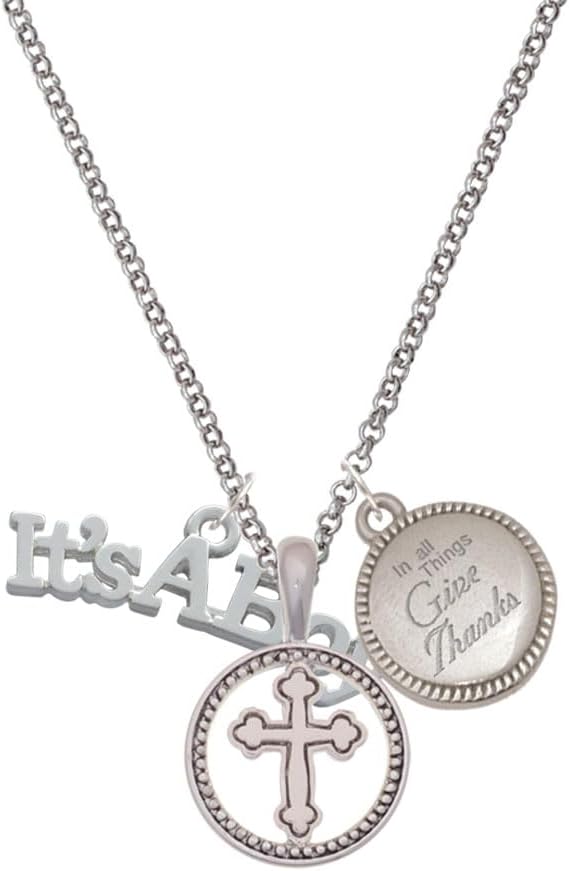 Delight Jewelry Silvertone Large New Baby Gender Reveal Silver-tone Give Thanks to God Cross Pendant Necklace, 23"
