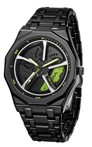 Image of V2A Vortex Men's Spinning Car Wheels Watch for Men- Octagonal Alloy Case with Stainless Steel Band | Analog Timepiece | Bold Sports Watch for Car Enthusiasts
