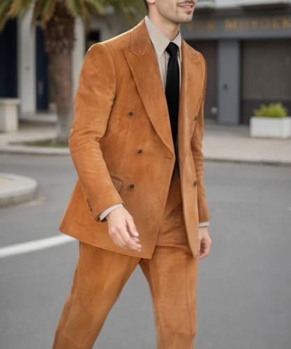 2 Piece Suede Suits for Men Slim Fit Business Suit Set Men's Double Breasted Retro Blazers Pants for Wedding Prom Party3