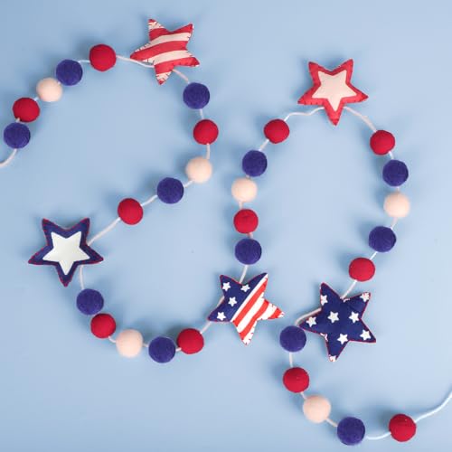 Image of 4th of July Garland with Felt Balls Stars 8.2 FT, Red White and Blue American Flag Colors Beaded Decor, Rustic Patriotic Decor for Shelf Display, Fireplace, Wall (Star)