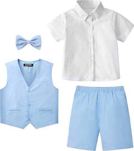 Image of A&J DESIGN Blue Suit for Boys Easter Wedding Gentleman Photoshoot Formal Ring Bearer Outfit Summer Short Set Tuxedo 5-6 Years