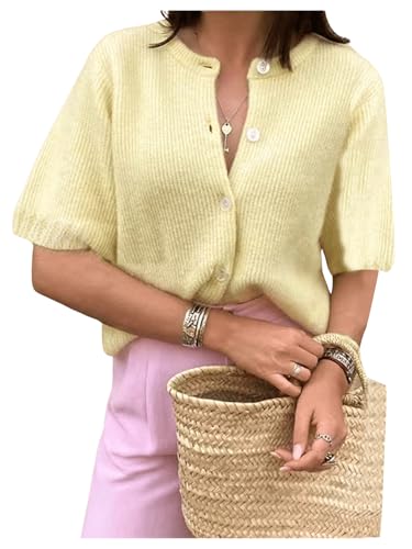 Image of SHENHE Women's Y2K Short Sleeve Cardigan Button Down Knitted Lightweight Cropped Cardigan Sweater Yellow Medium