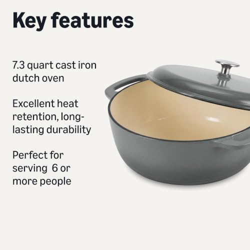 Image of Amazon Basics Enameled Cast Iron Dutch Oven Pot with Lid, Round, Dual Handles, Heavy-Duty, Oven Safe for Stews, Roasting, Baking, 7.3-Quart, Gray