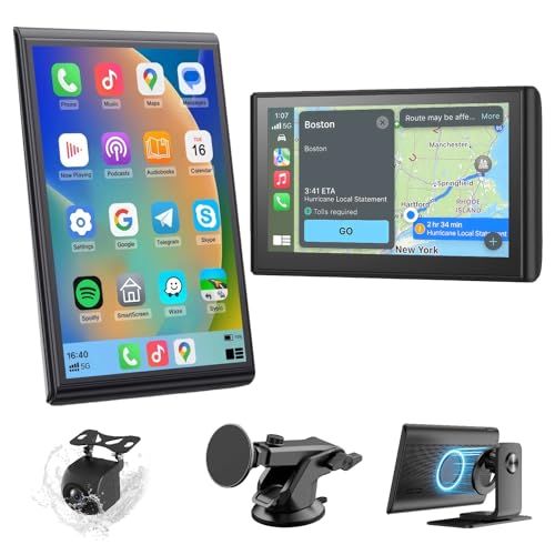 HNSYCHH Portable CarPlay Screen for Car Wireless Car Play & Android Auto Touch Screen,7" HD,Landscape&Portrait,1080P Backup Camera GPS Navigation Music Voice Control Bluetooth AUX FM for All Vehicles