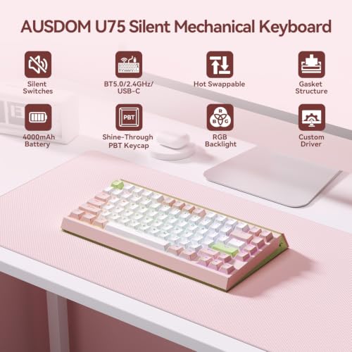 Image of AUSDOM U75 Silent Wireless Mechanical Keyboard, Hot Swappable 75% Creamy Gaming Keyboard with 2.4GHz /USB-C /BT5.0,Shine Through PBT Keycaps, RGB Backlit Custom Keyboards for Win /Mac /PC (Silent Version)