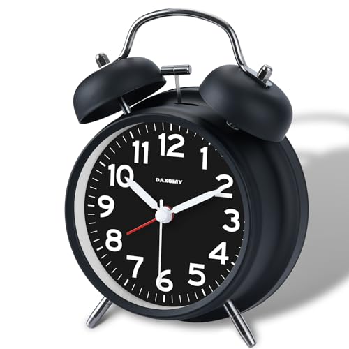 DAXSMY Loud Alarm Clock for Heavy Deep Sleepers, Analog 4.5 Inches Metal Twin Bell Alarm Clocks Battery Operated with Backlight for Bedroom, Old Fashioned Desk Alarm Clock for Home Decoration(Black)