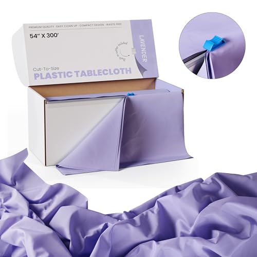Image of Party Solids Lavender Plastic Table Cover Roll, 54 inch x 300 Ft Heavy Duty Disposable Tablecloth Roll with Slide Cutter, Cuts Up to 36 Rectangle 8 Ft Lilac Table Cloths for Party, Wedding, Banquet