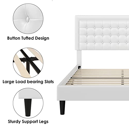 Hifit Bed Frame Full Size, Upholstered Platform Bed With Button Tufted Adjustable Headboard, Modern Faux Leather Upholstered Mattress Foundation, No Box Spring Needed, Easy Assembly, White #TOP6