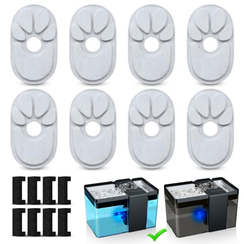 YUSMOO Cat Water Fountain Replacement Filters, 8-Pack Food-Grade Claw Shape Activated Carbon Filters + 8 Pre-Filter Sponges, Triple Filtration for 74oz Pet Fountain (6-8 Months Supply)