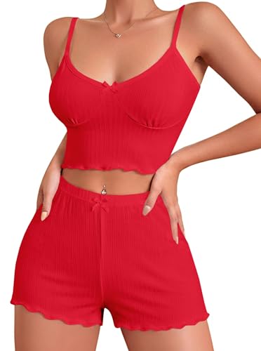 Image of Hilinker Women's 2 Piece Sexy Pajama Set Ribbed Cami Top and Shorts Sleepwear Cute Pjs Solid Red X-Large