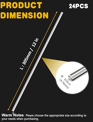 Image of 24 Pcs 3 /16 x 12 in 304 Stainless Steel Rod, Metal Shaft | Stainless Steel Smooth Rods for Industry, Metal Working Hobbies and DIY Craft
