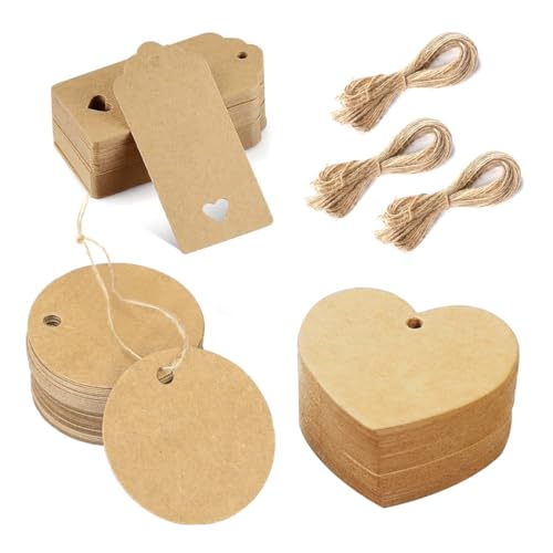 ZORVYN 150 piezas Etiquetas de regalo en blanco, Etiquetas Redondas de Papel Kraft para Papel Embalaje, Etiqueta de la Boda, para Bodas, Cumpleaños, con Cordel de Yute (Marrón)